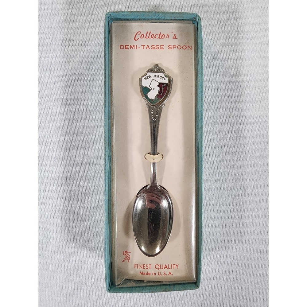 Vintage New Jersey‎ Souvenir Demi-Tasse Spoon Silver Tone Enamel Crest USA Made